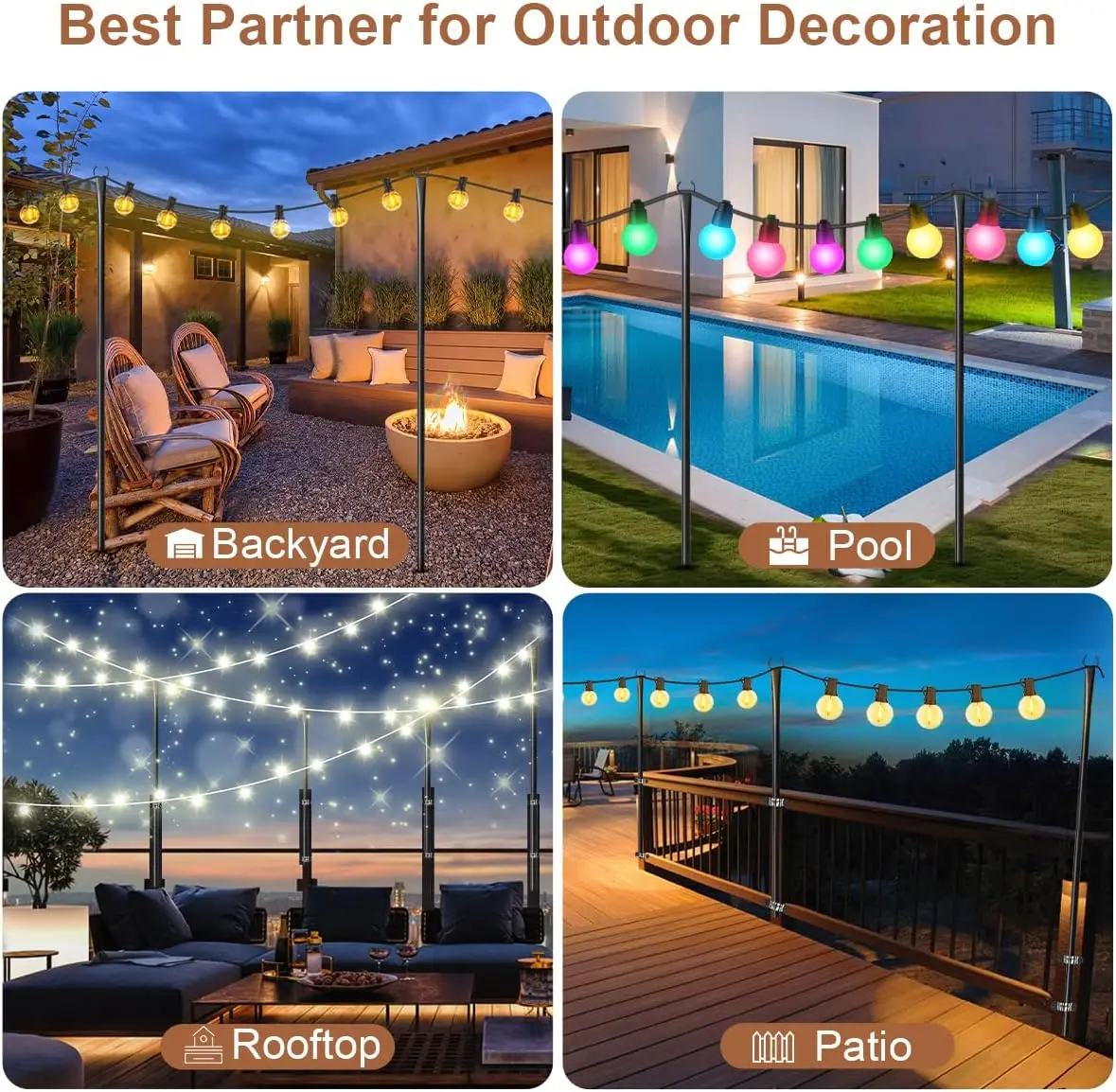 4-piece outdoor string light pole, extendable, freely adjustable height, ground plug-in flagpole light pole hook pole, suitable for gardens, courtyards, campsites.