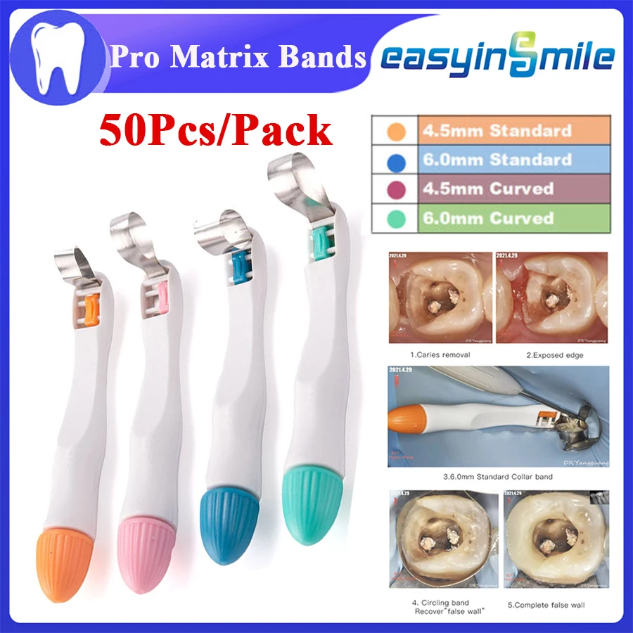 10Pc/50Pc EASYINSMILE Dental Pro Matrix Bands Pre Formed Sectional Contoured Matrice Bands Curved&Standard Adjust Holder 4.5/6mm