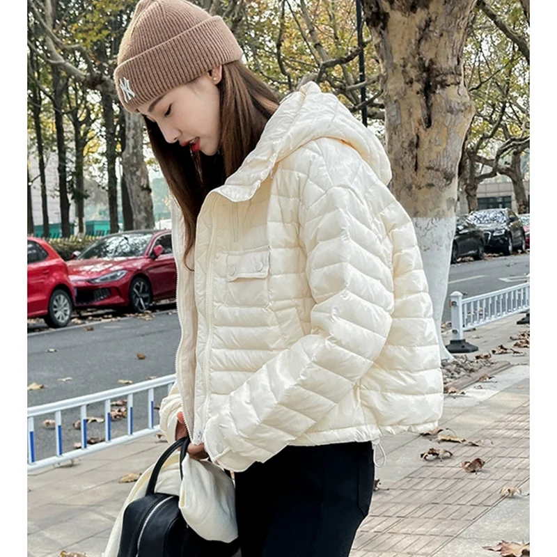 Schinteon Women Ultralight Down Jacket Casual Loose Over Size Autumn Winter Outwear White Duck Down Short Coat with Hood 2024