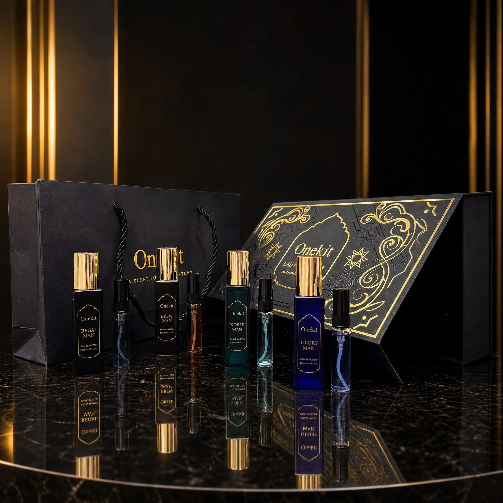 Onekit 8-Piece Men's Cologne Gift Set, Long Lasting 4x20ml EDP & 4x5ml Travel Sprays with Box & Bag, Woody Fresh Spicy Oud Fragrance for Daily & Travel, Perfect Birthday, Holiday & Father's Day Gift for Him, Dad, Husband