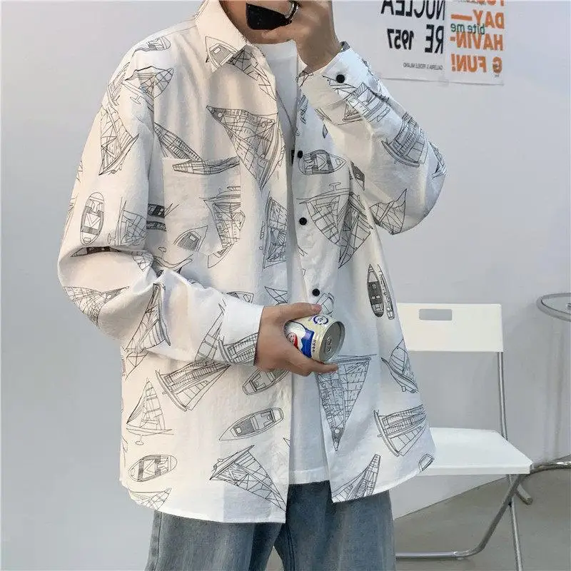 

Trendy Korean Loose Long Sve irt Men's Thin ort Sve Printed Casual Spring Summer Cotton Polyester Blend Faionable