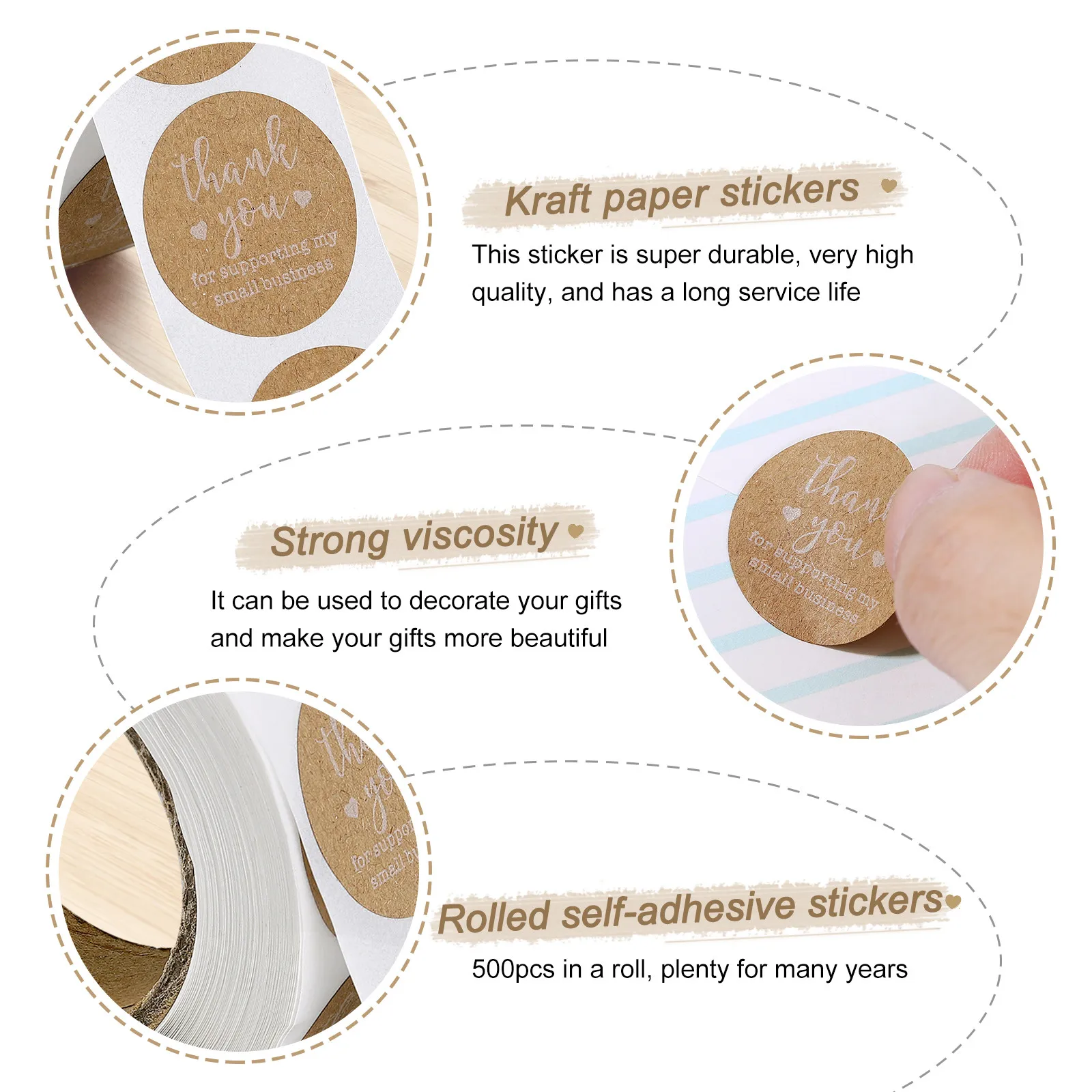 500Pcs Round Lable Roll Kraft Paper Adhesive Stickers Envelope Seals Thank You Labels Christmas Decor Cookie Bag Seals Removable