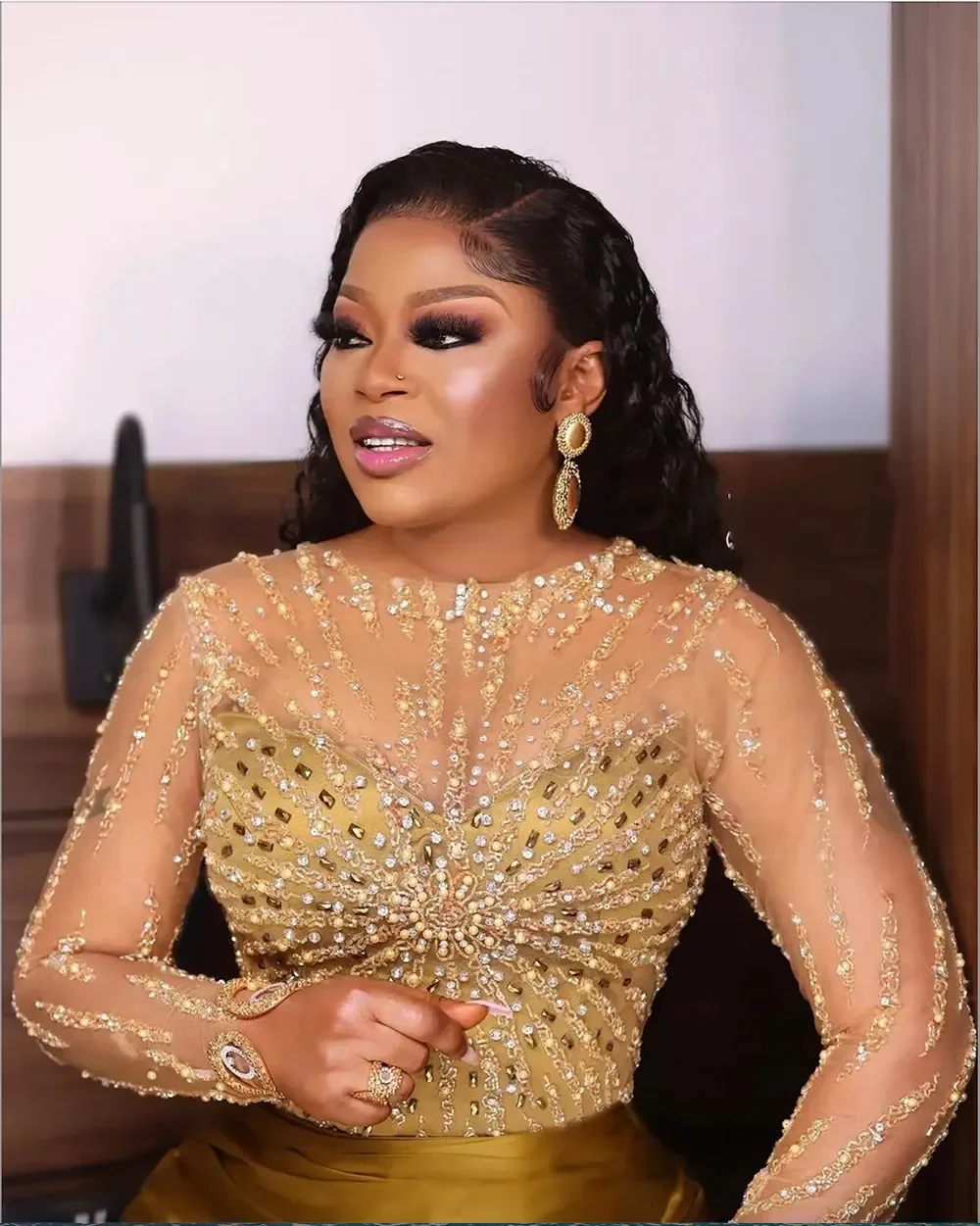 Custom Sexy Arabic Long Sleeves Evening Dresses  Gold Illusion Jewel Neck Crystal Beads Mermaid Plus Size Celebrity Dresses