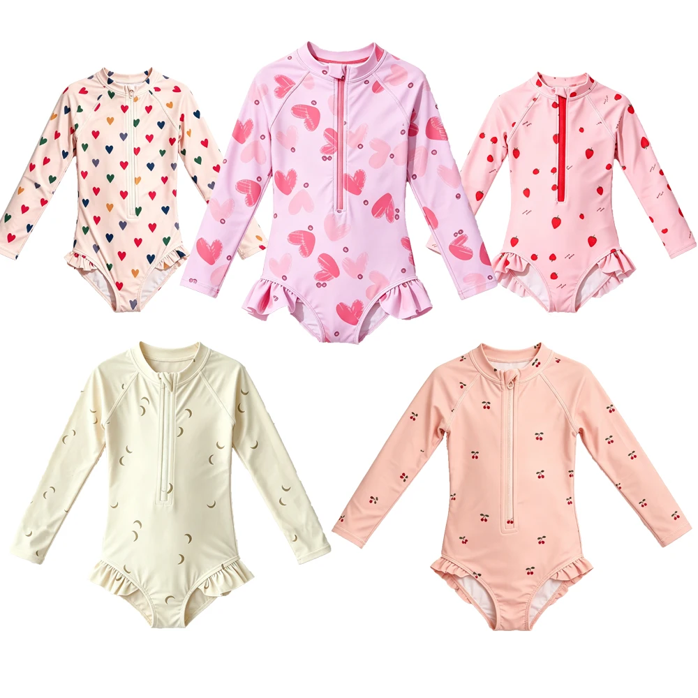 Girl Bodysuit Swim Baby 1 to 2 3 4 5 6 7 8 9 Years Long Sleeve Spf 50+ Bikini Pink Yellow Strawberry Heart Swimwear Sport Shorts