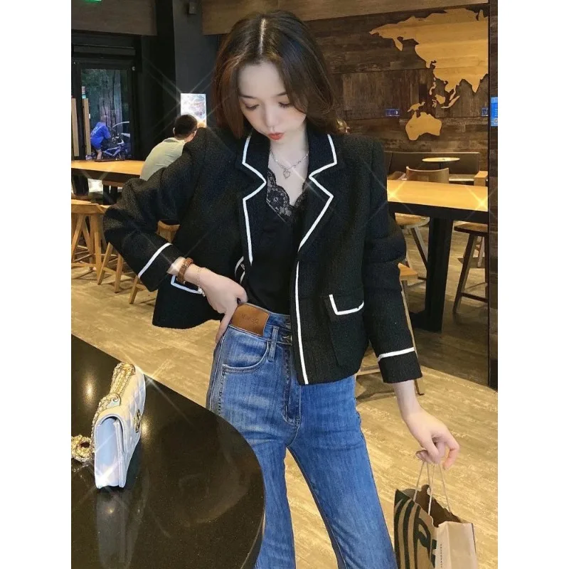 Tweed Blazer Spring Autumn Lattice Wool Jacket Women Coat Korean Chic Office Lady Short Jacket Nylon Knit Button Outerwear New