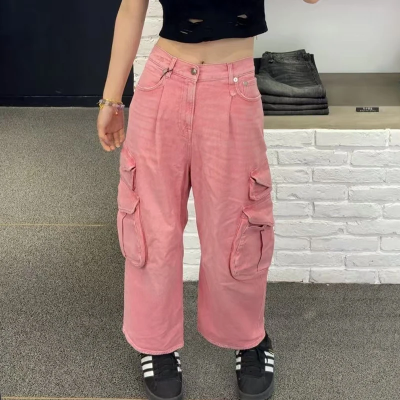 

Women's Multi-Pocket Washed Jeans, Casual Versatile Loose Straight Leg Work Pants, High Quality Wide Leg Pants, Summer, New,