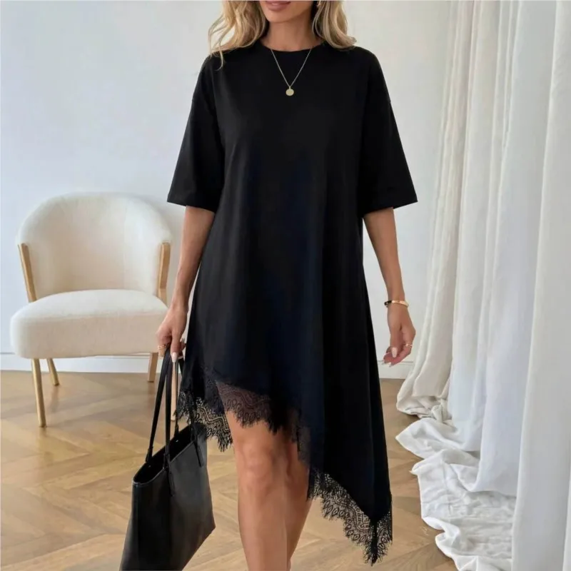 

Oversized Lace Women's Dress Asymmetric Short Sleeve Funny Woman Streetwear Casual Plus size Dress Ladies Loose T-Shirt Dresses