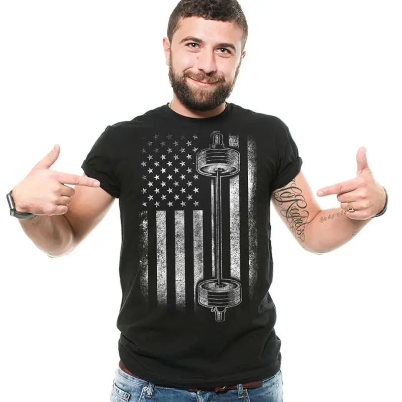 Mens American Flag With Barbell Shirt USA Freedom Shirt Workou T shirt Gym Shirts