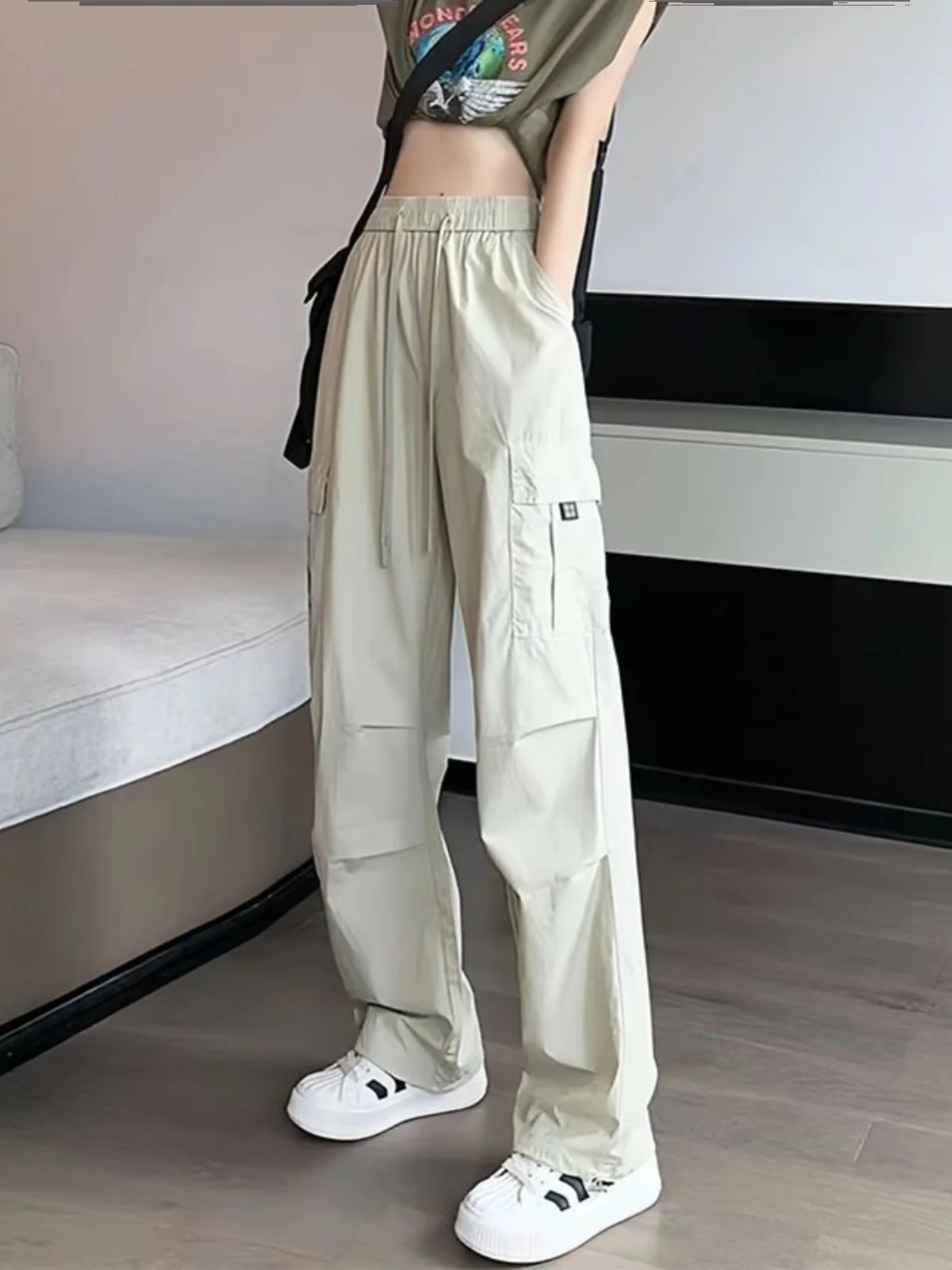 American Retro Workwear Casual Pants Women's Summer Versatile Straight Drapey Cuffed Long Loose Wide Leg Pants