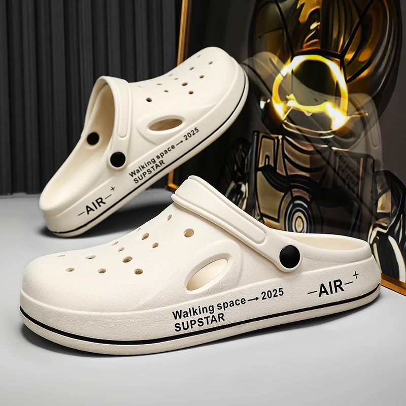 2024 Spring New Hole Shoes Men\'s Outdoor Beach Sandals Anti slip Garden Shoes Close Toe Trendy Casual Slippers 