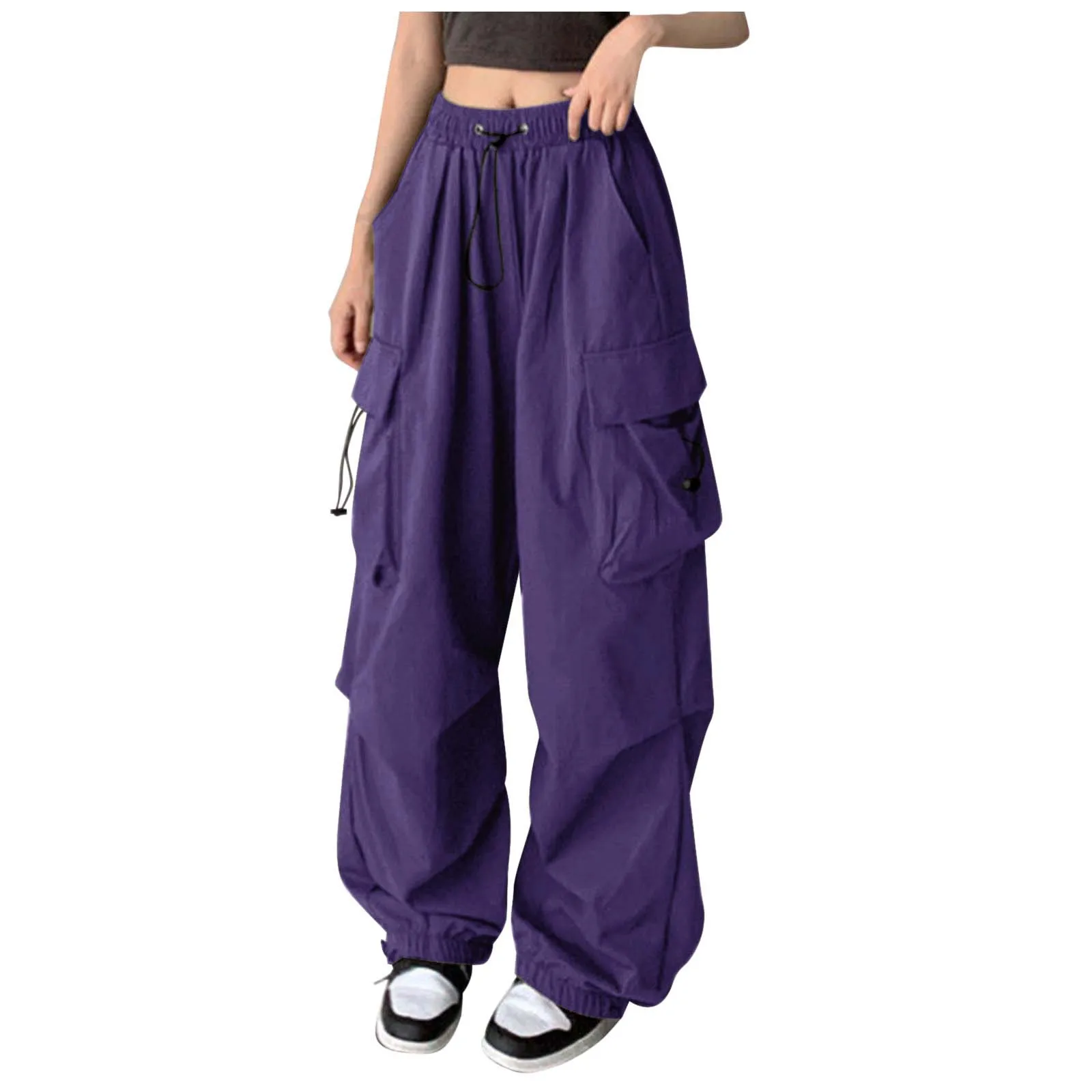 Women'S Solid Color American Retro Overalls Drawstring Waist Loose Bunched Foot Pants Multi-Pocket Fashion Casual Pants