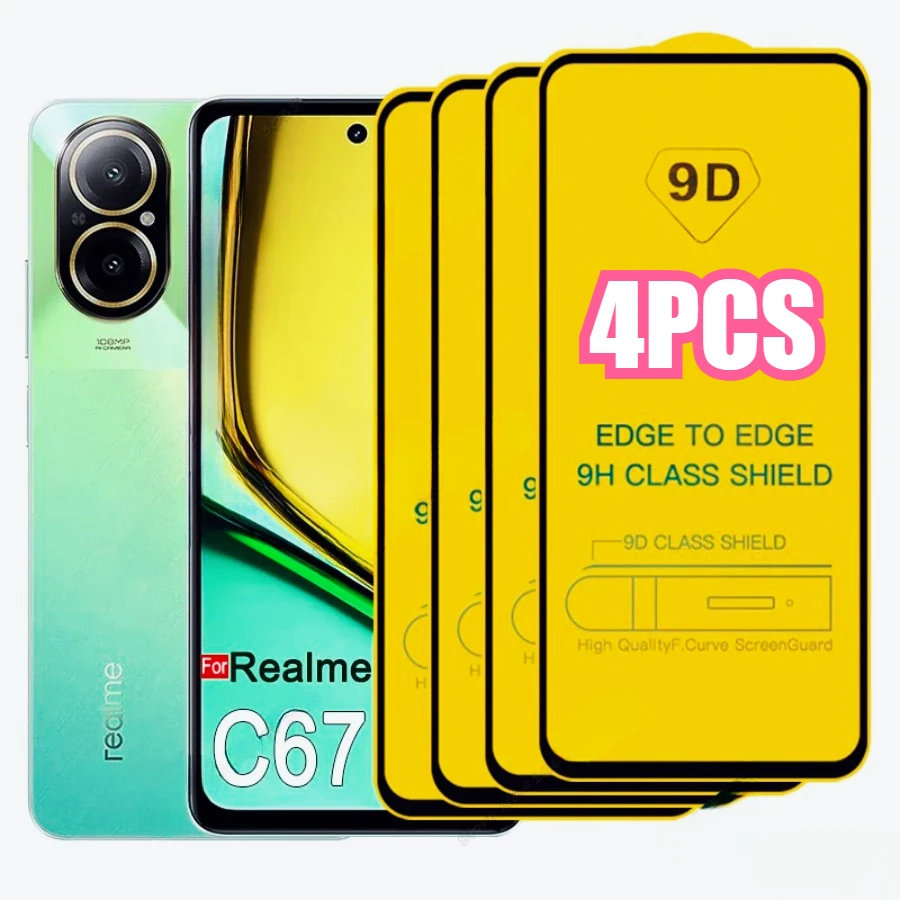 

4PCS For Realme C67 9D Tempered Glass For Realme C55 C53 C51 C35 C33 C31 Screen Protectors For Realme 12+ 12X 12 Plus 11 10 Pro