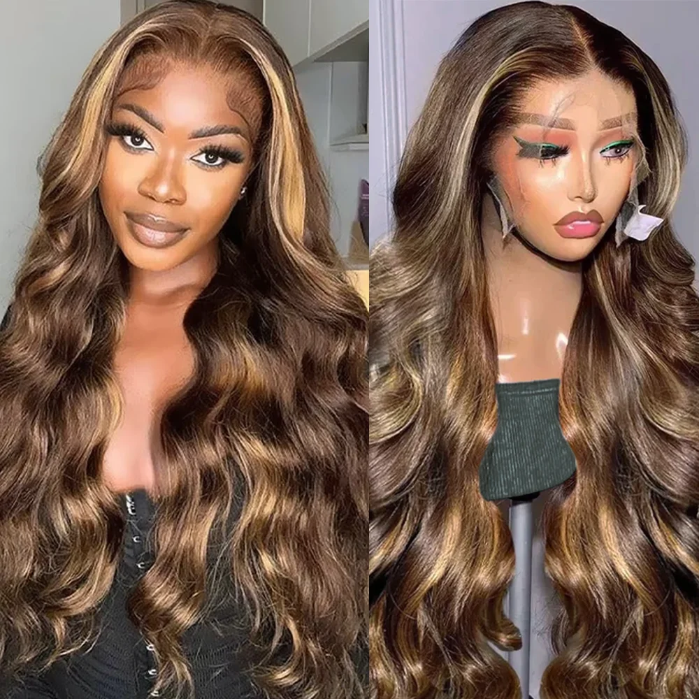 200 Dichte HD Lace Front Perücken aus Echthaar, Body Wave, P4/27 Highlight, 13x4 13x6 Lace Frontal, gefärbt, 40-46 Zoll Echthaarperücken