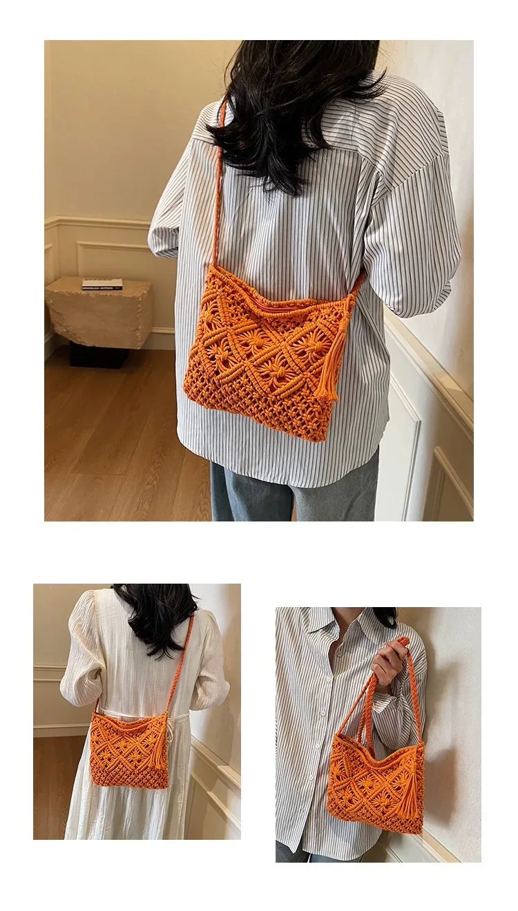 Retro Fransen-Kunststrohtasche, einfache Sommer-Strandtasche, gewebte Schultertasche, lässiges Accessoire für Damen – Detail 2
