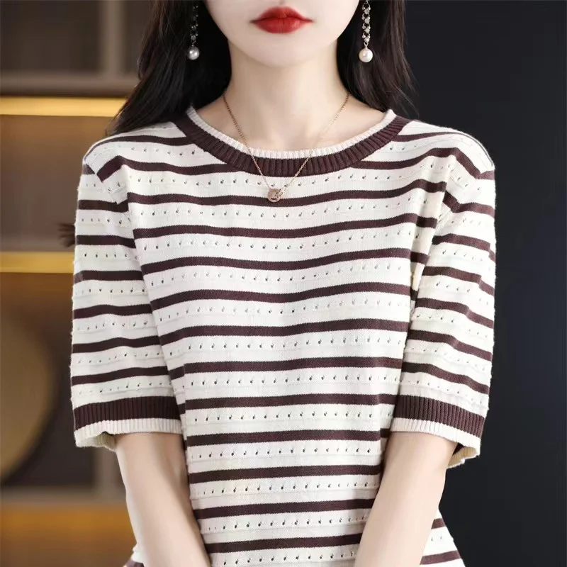 New spring and summer striped women\'s T-shirt short sleeve round neck hollow loose slimming sweater