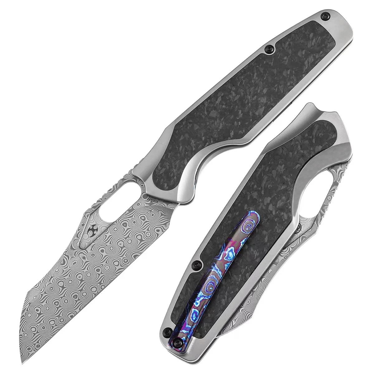 Kansept Folding Knives K1052 Tuckamore 3.54'' Damascus/CPM 20CV Blade with Titanium+Carbon Fiber/Timascus Handle Jonathan Styles