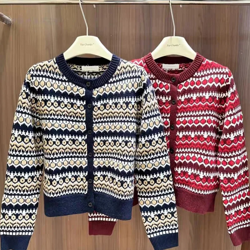 Outono inverno vintage jacquard grosso quente suéteres roupas femininas casual o pescoço comute cardigan de malha