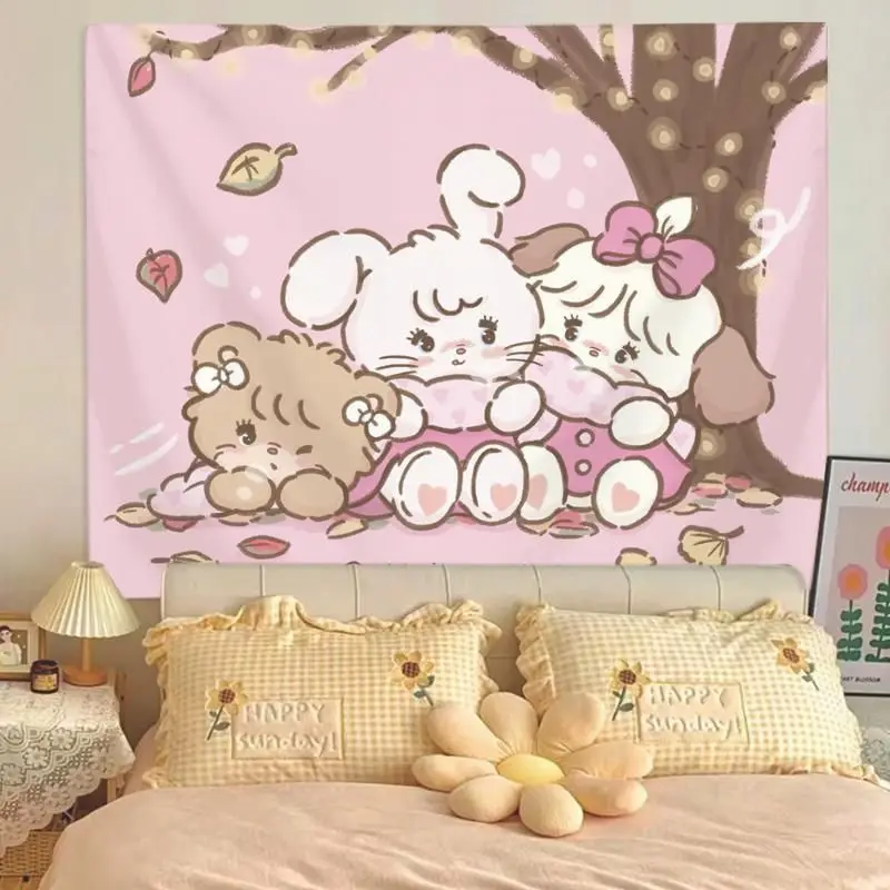 VIKAMA Pink Bear Rabbit Cartoon Tapestry Autumn Healing Background Cloth Dormitory Decoration Tapestry Room Decoration