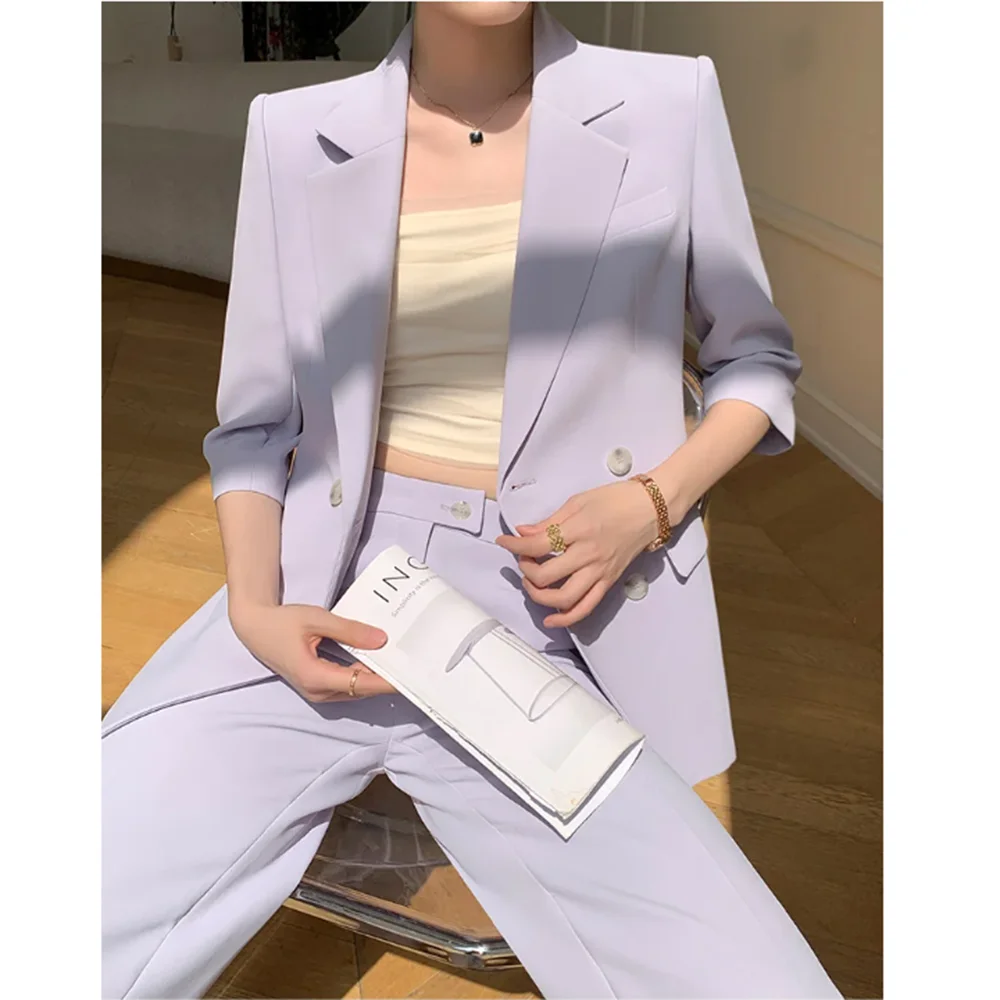 Sommer Bonbon Farbe Frauen Anzüge Zweireiher Peak Revers (Blazer Hosen) Conjuntos Para Mujeres 2 Piezas Slim Fit Early oldy قNOLUA ناdiensten