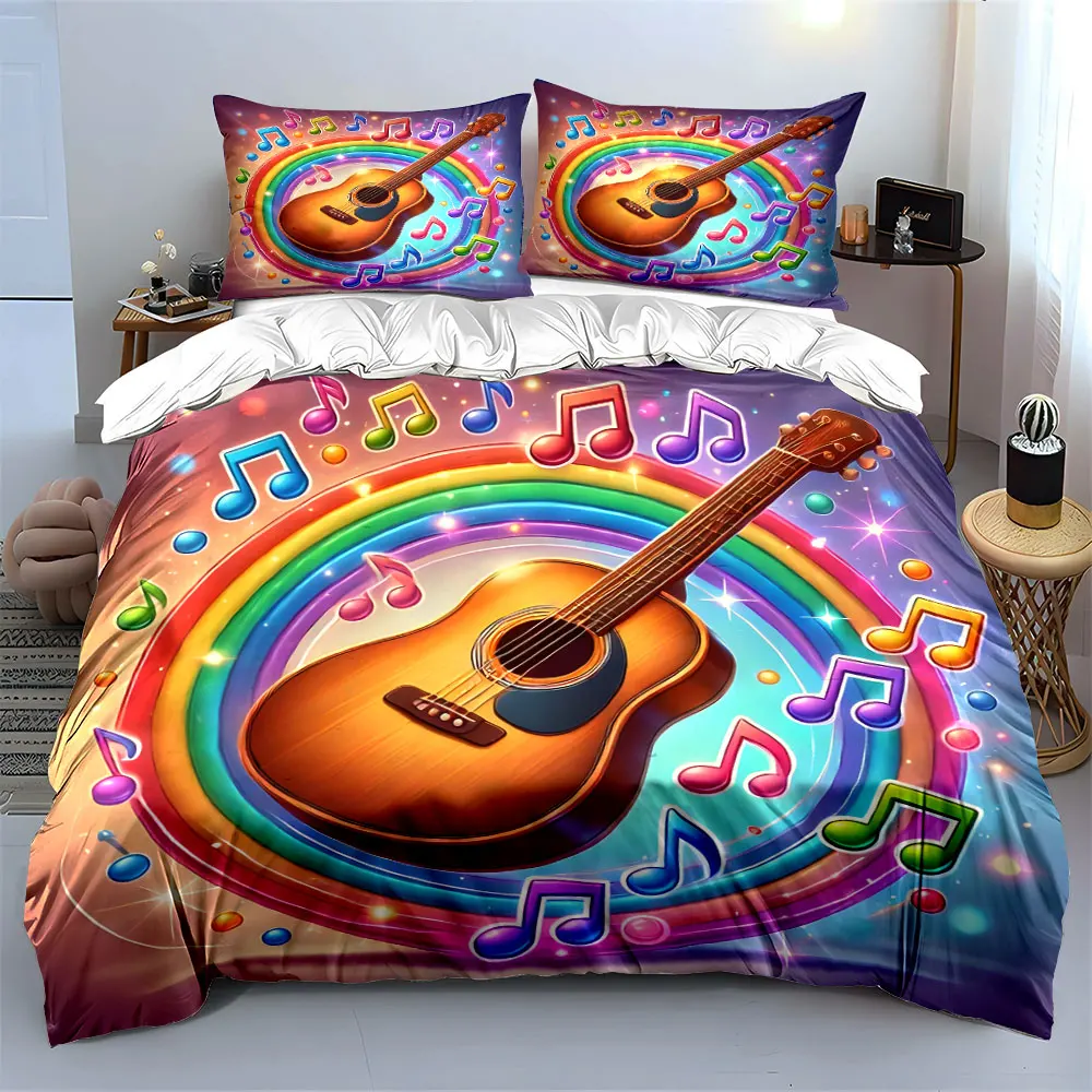 Rainbow and guitar music elements Print Bedding Set 1 Duvet Cover 2 Pillowcases for Adult and Children Luxury Gift Full Size