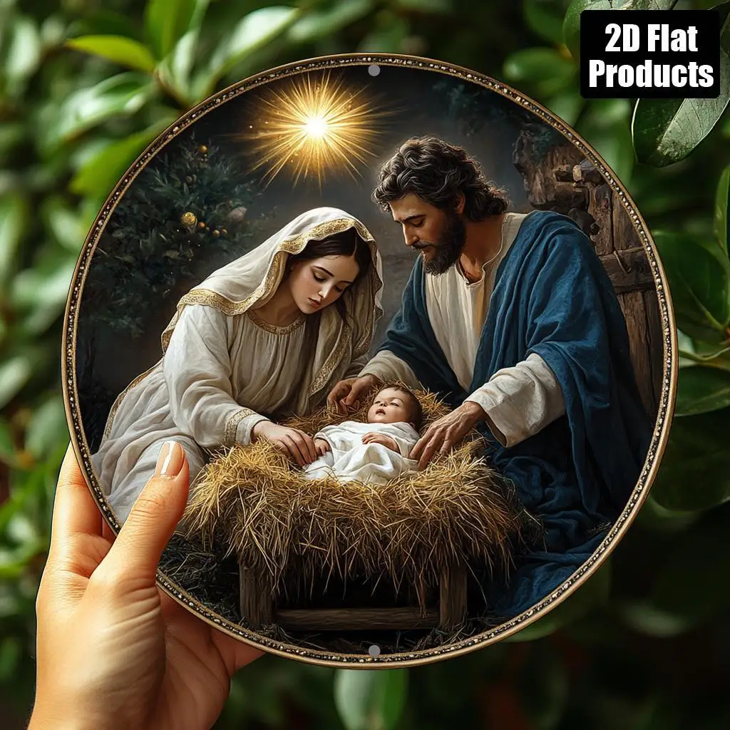 2D Flat, 1pc 2D Flat Printing 20 x 20cm Round Metal Iron Sign, 2D flat, 1pc, Nativity scene theme, round metal decorative plaque
