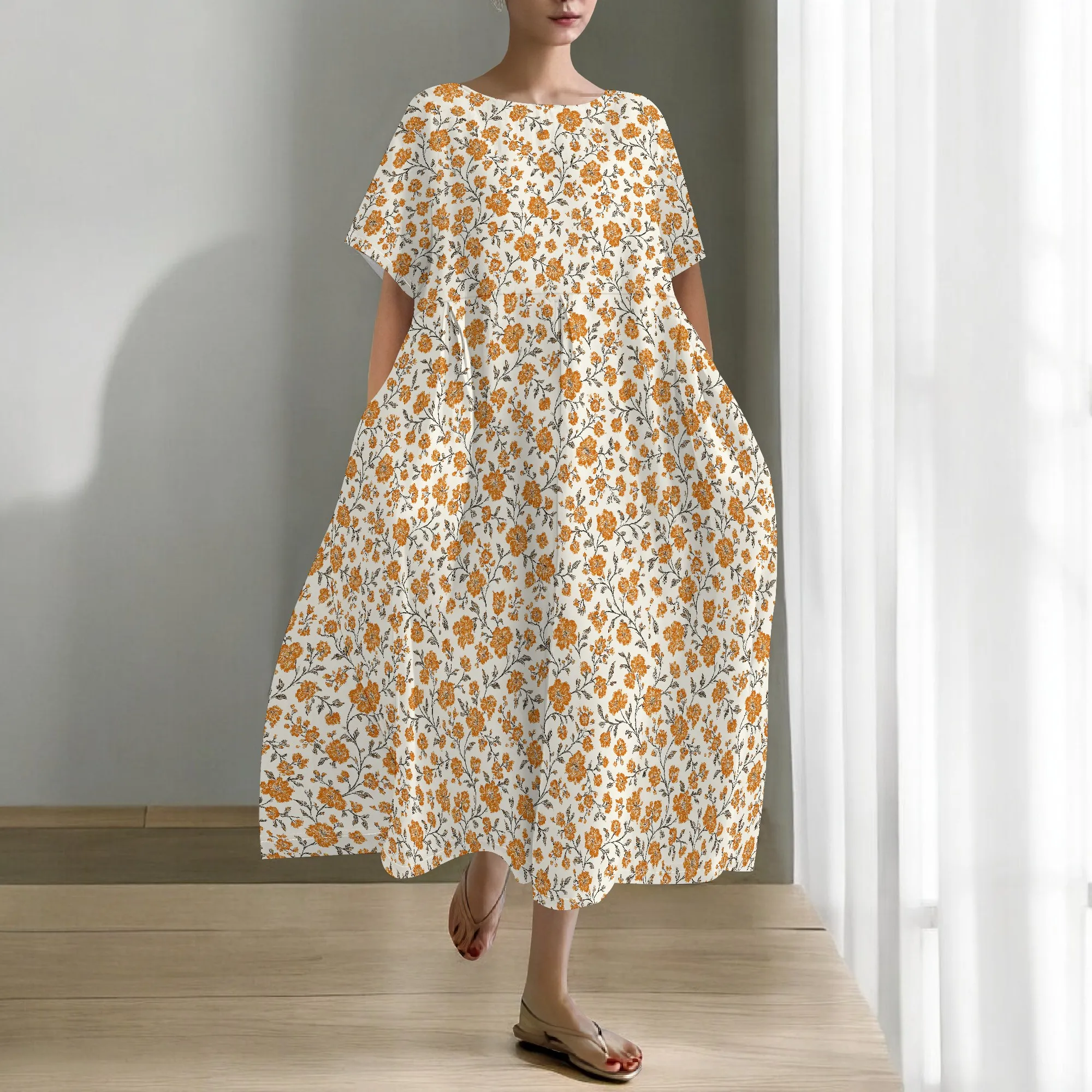 ชุดเดรสแม็กซี่สําหรับผู้หญิงโค้งฤดูร้อนลําลอง Boho Ditsy พิมพ์ลายดอกไม้ Layered Flared Long Dress พร้อมกระเป๋า