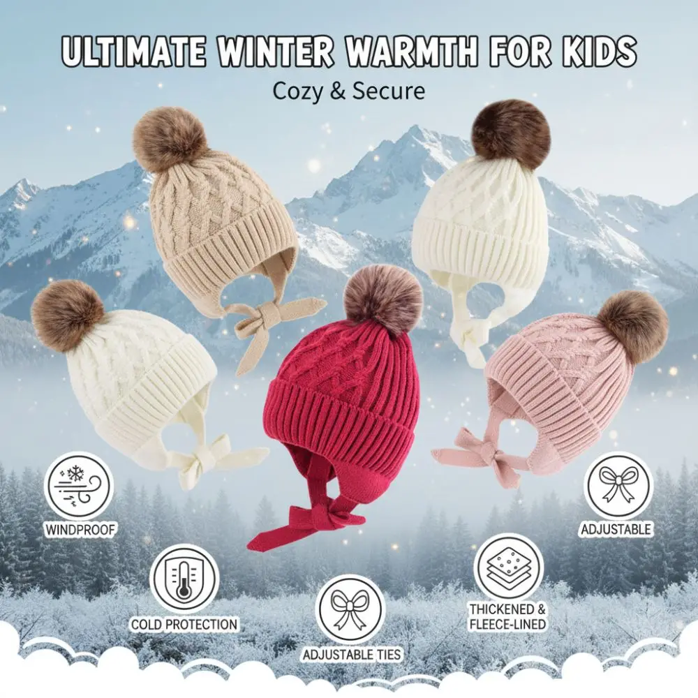 

Windproof Baby Warm Hat with Ties Coldproof Kids Ear Protection Cap Fleece-lined Thickened Toddler Knitted Hat Winter Boys Girls