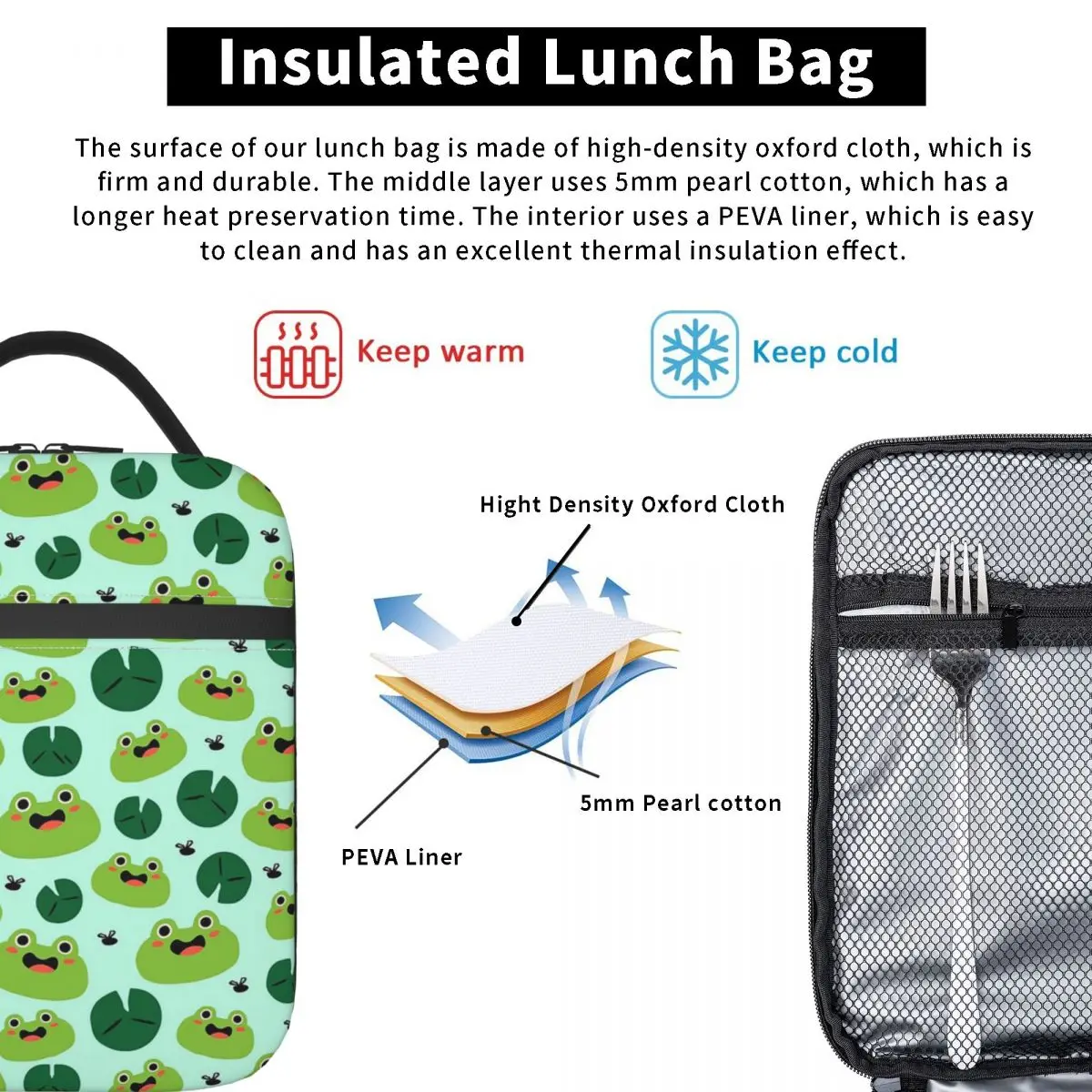 Cartoon Cute Frog Pattern On Lotus Leaves Insulated Lunch Bag for Women Kids Leakproof Food Boxes Thermal Lunch Box Tote