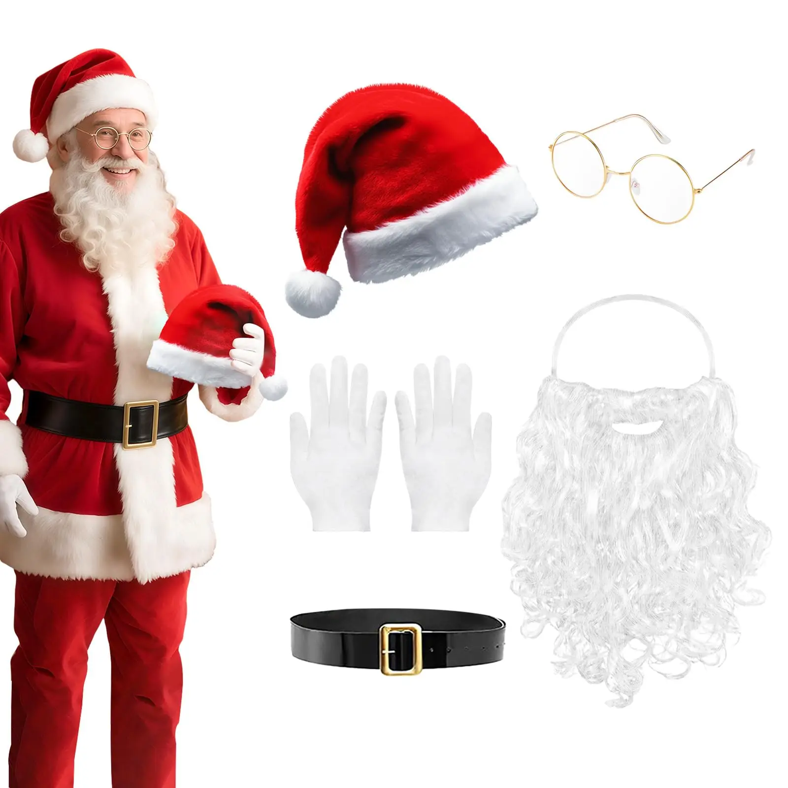 

Santa Claus Costume Accessories Santa Hat Beard Glasses Gloves Belt Bell Shoes Christmas Xmas Cosplay Set Adult