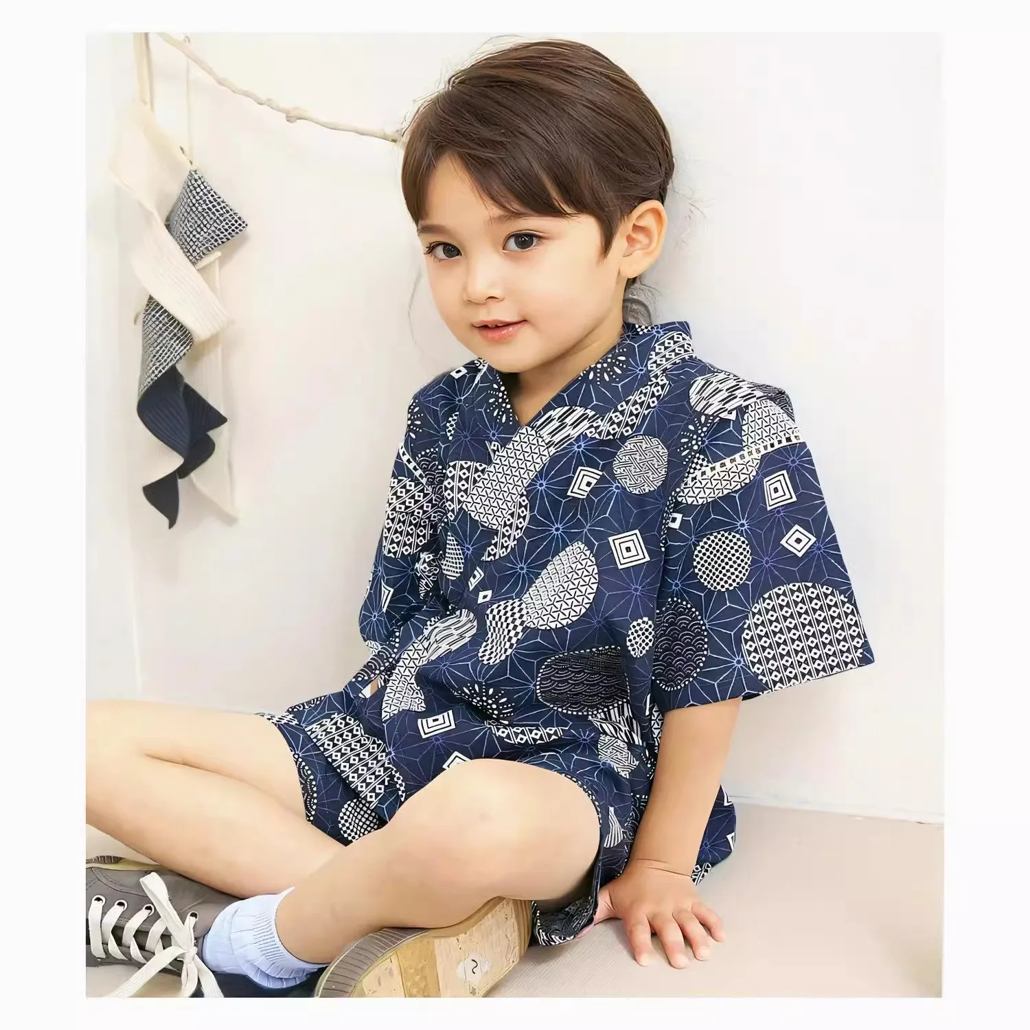 

Японский комплект Jinbei для мальчиков — пижамы в стиле юката из 100% хлопка с рисунком черепахи, домашняя одежда и наряд для сауны для детей