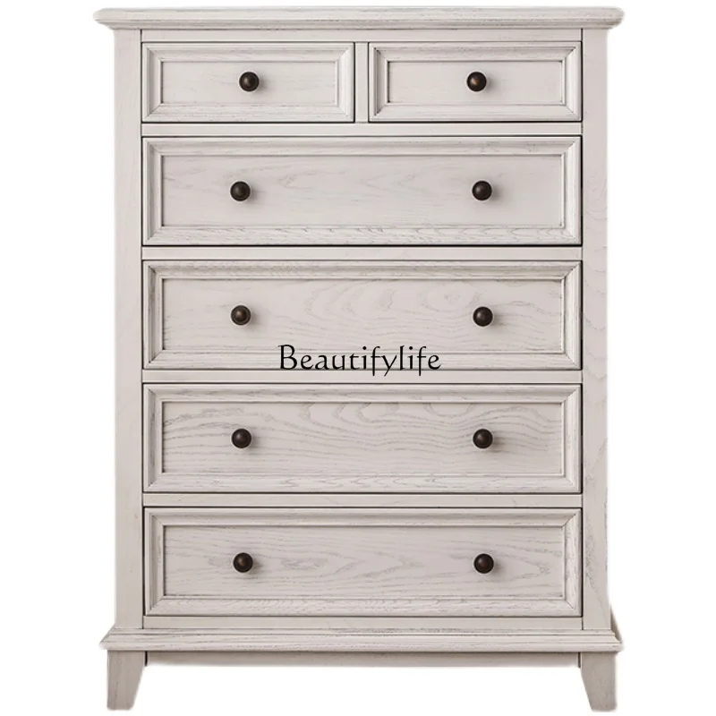

American country six-chest cabinet solid wood living room multi-drawer bucket kitchen ivory white old pastoral storage locker