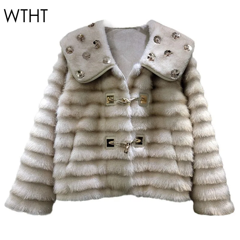 WTHT 2024 Winter Trendy Diamonds Big Lapel Faux Fur Coat Long Sleeves Horn Buttons Design Plush Warm Jacket Female 1LS549