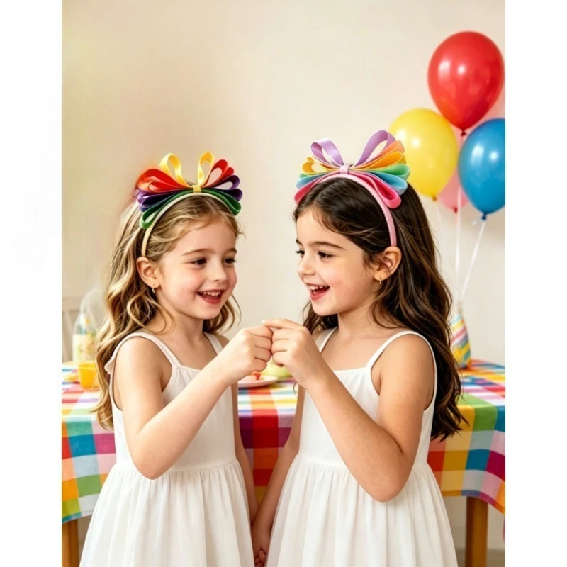 

Rainbow Ribbon Bow Headband Kids Hair Hoop Girl Cute Princess Dress Up Accessory Festival Decor Holiday Gift for Little Children