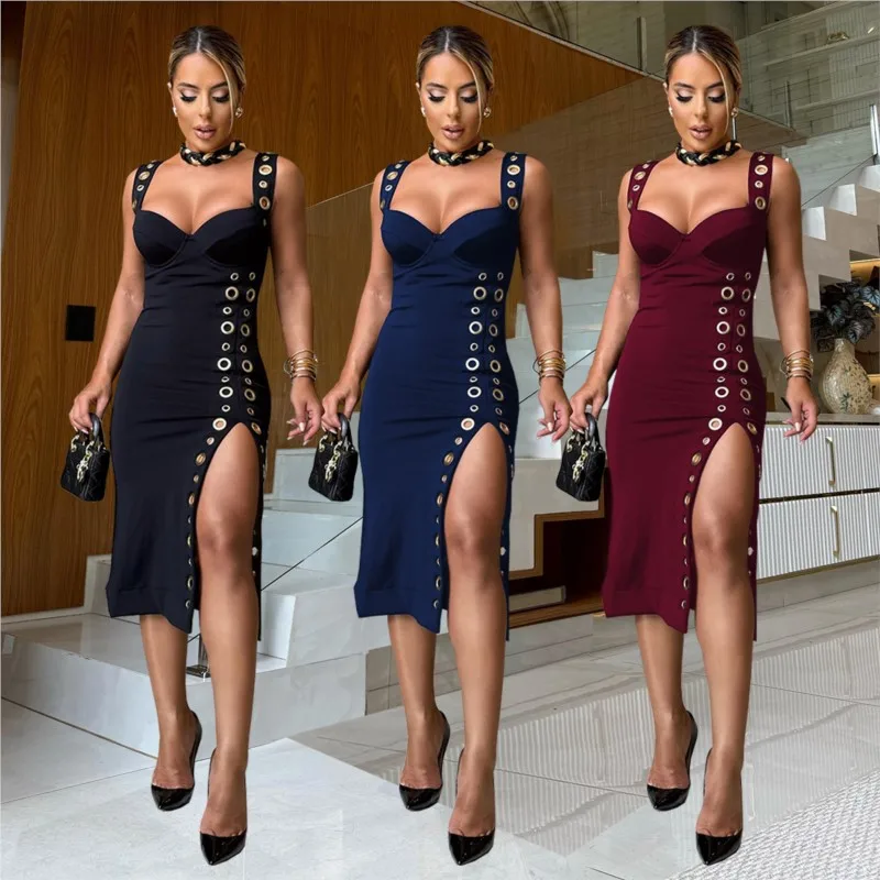 

Summer Sexy Low-cut Sling Dress Fashion Metal Circle Decoration High Split Bodycon Dress Fashion Party Club Dresses For Women