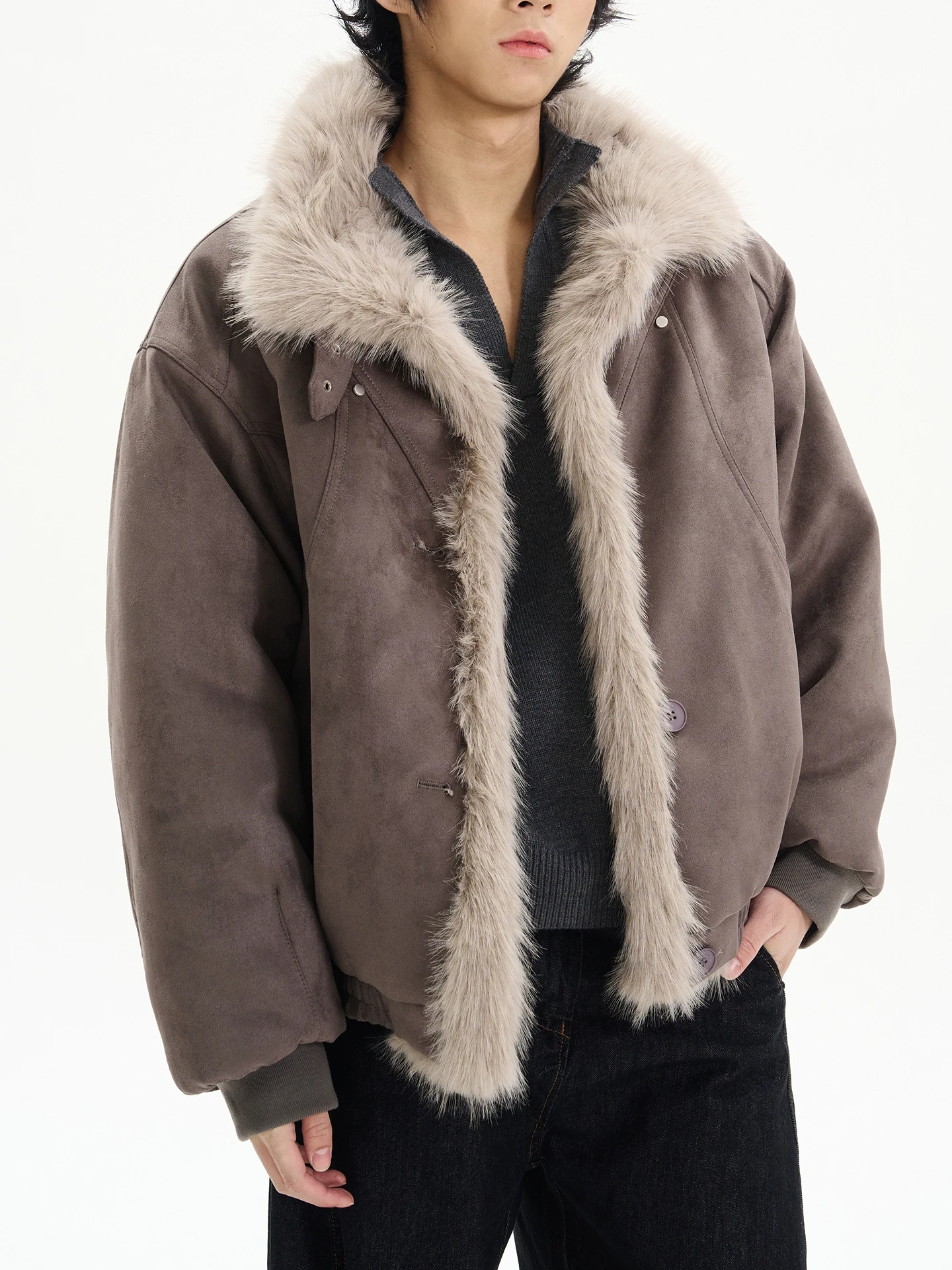 

Retro Faux Fur Collar Thiened Cotton Jaet Men's Loose Fit Deconstructed Brued Warmth Outerwear for Youth Casual Wear