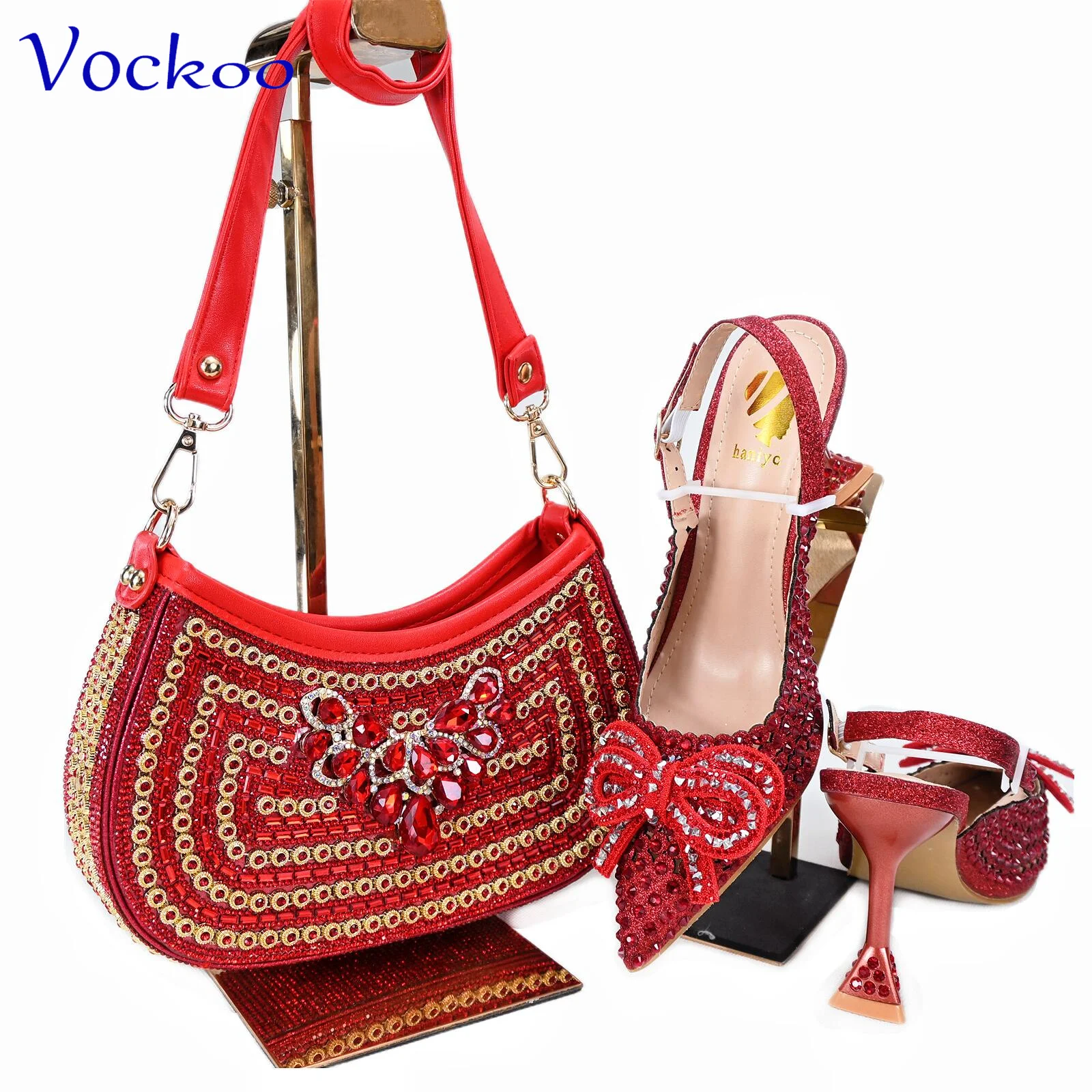 

2024 Mature Italian Women Shoes and Bag Set in Red Color Super High Heels African Style Fashion Pointed Toe Sandals for Party