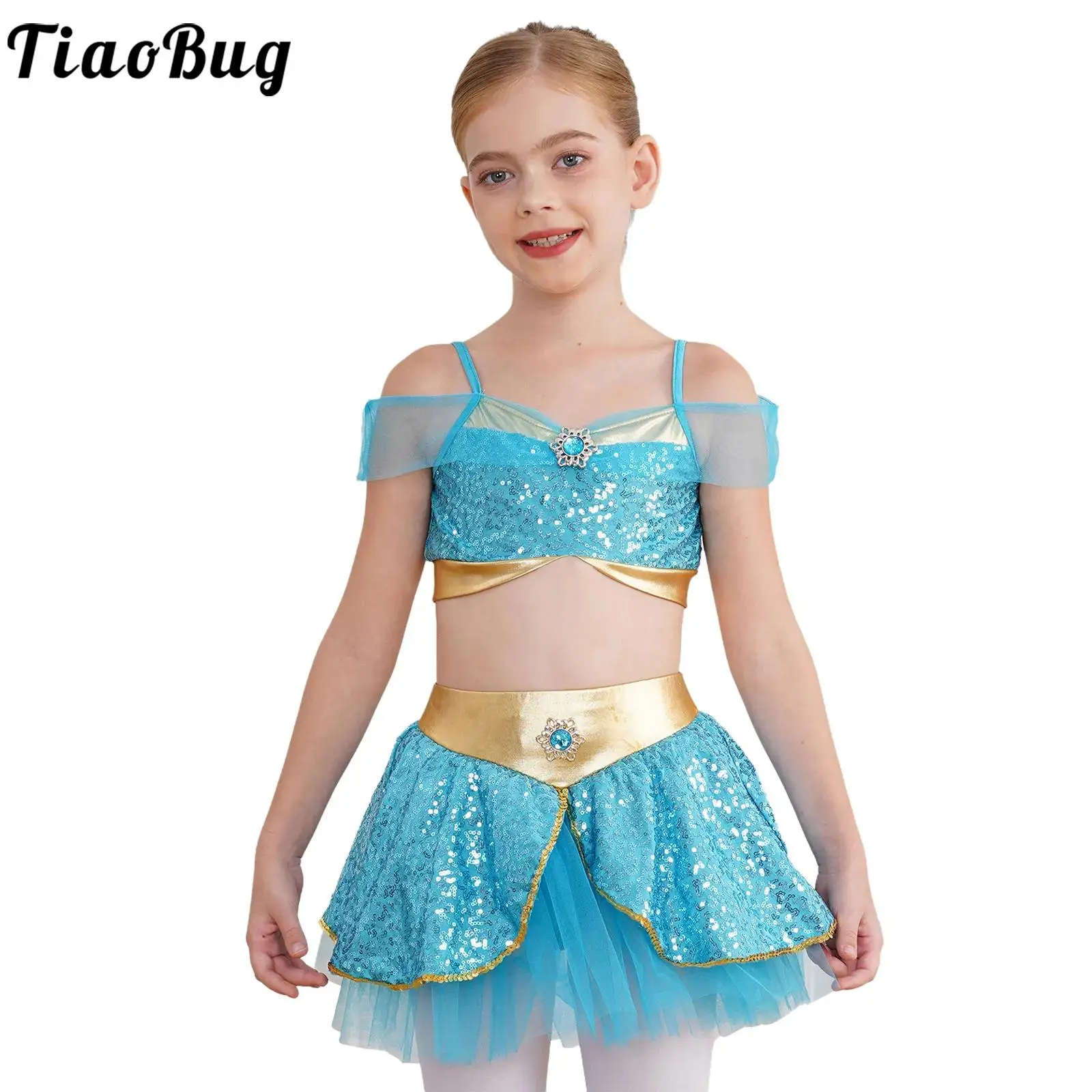 

Kids Girls Arabian Princess Cosplay Costume Sequins Cold Shoulder Crop Top with Short Skirt for Halloween Carnival Themed Party