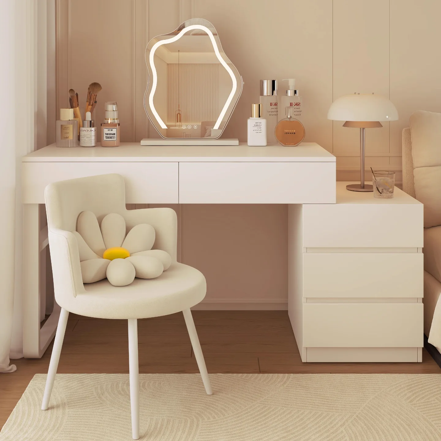 

One bedroom corner bedside storage makeup table