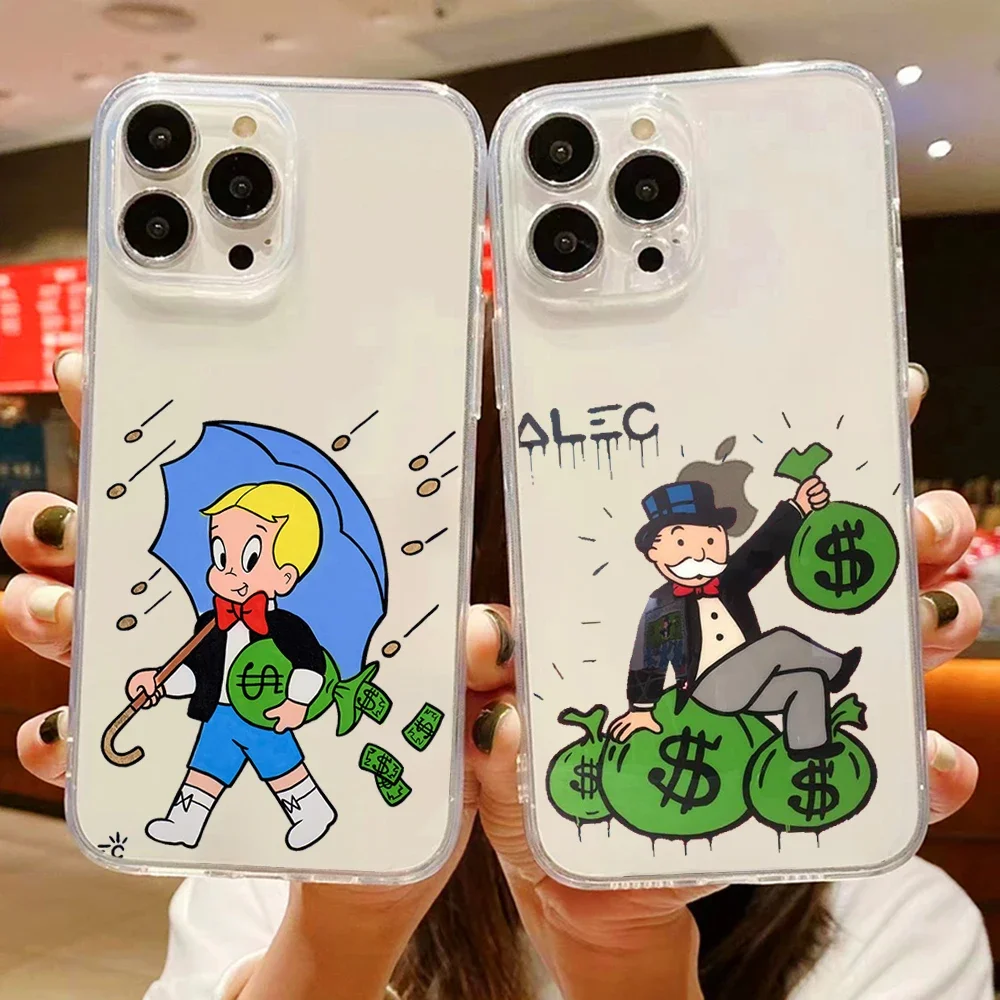 Cartoon Luxury Dollar MonopolyS Clear Transparent phone case for iPhone 11 12 13 14 15 mini pro XS MAX 8 7 6 6S Plus X SE XR