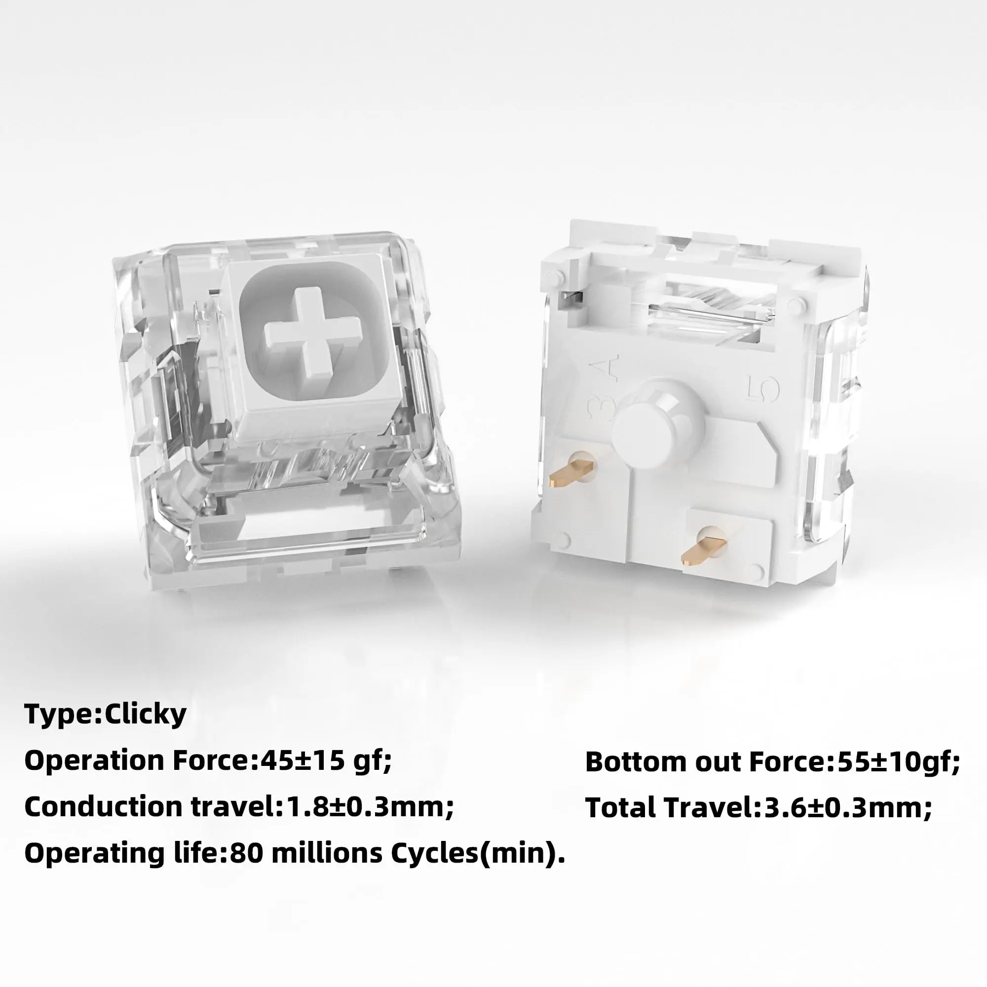 KBDiy & Kailh Box White Switch Mechanical Keyboard Switches,3-Pin 45gf Clicky Pre-Lubed Waterproof Gaming Keyboard Kit Switches