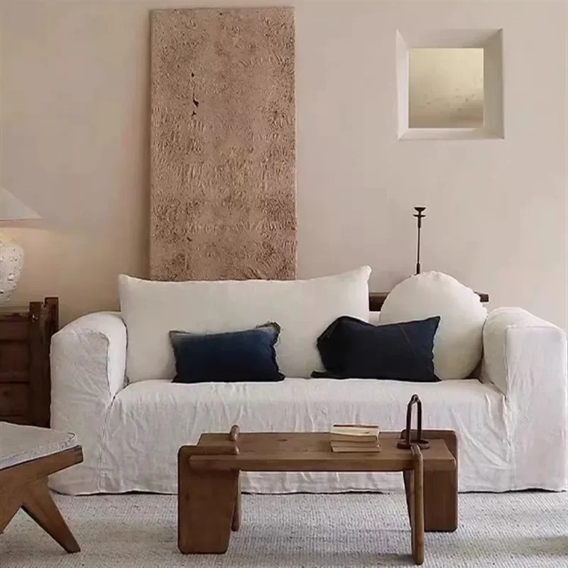 Canapé wabi-sabi de style japonais, tissu en lin, bloc de tofu amovible et lavable pour trois personnes, appartement chez l'habitant, petit appartement