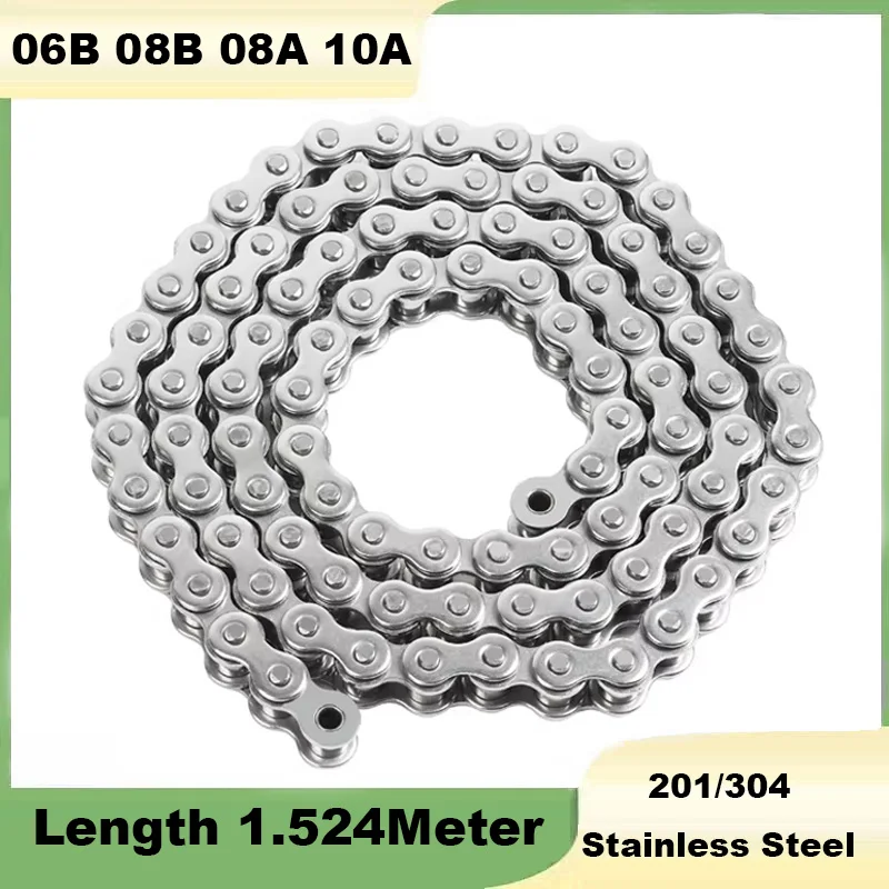 1Pcs 1.524Meter 06B 08B 08A 10A Roller Chain 201/304 Stainless Steel Short Pitch Roller Chain Industrial Transmission Chain