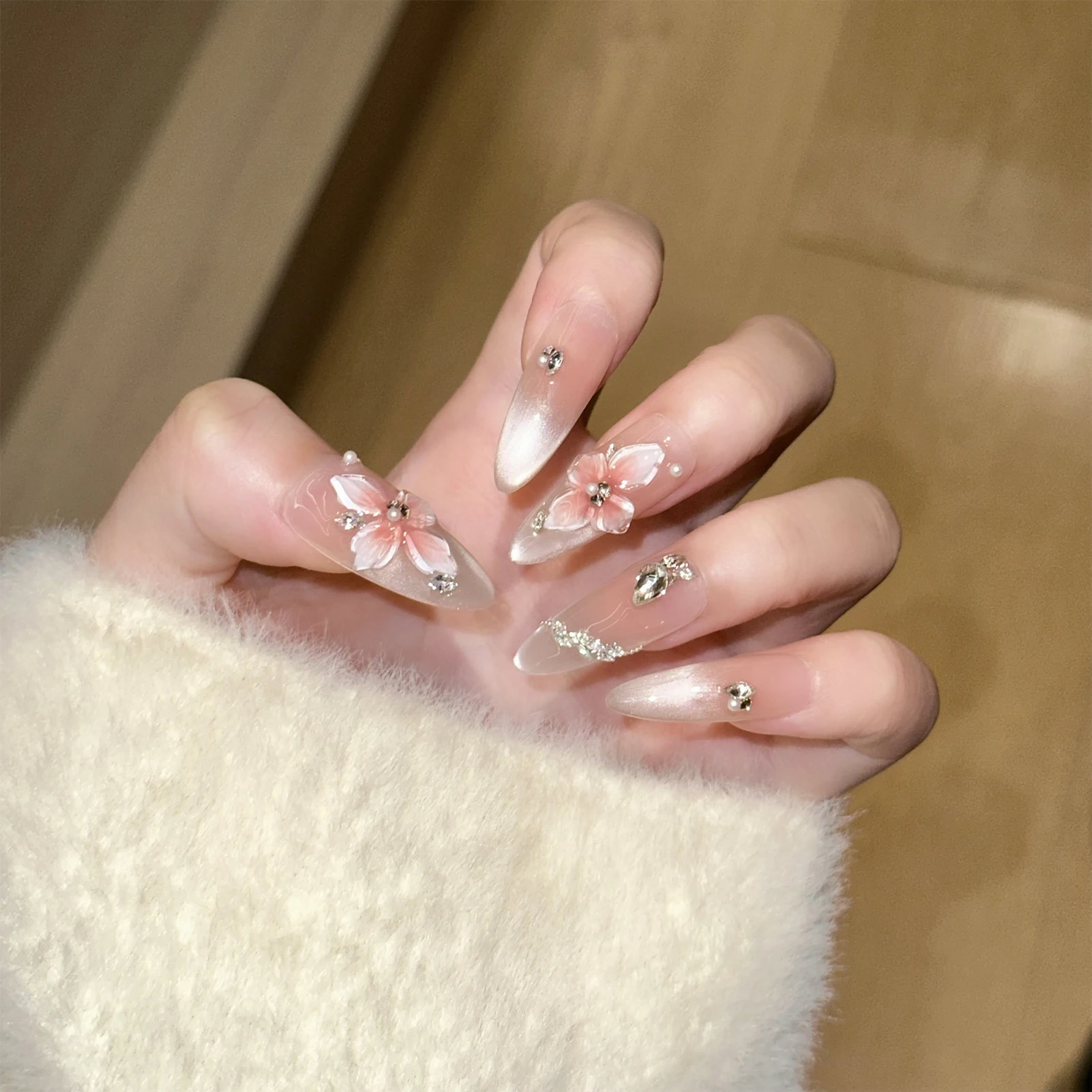 

10 шт., накладные ногти с кошачьими глазами, 3D цветок, длинные/короткие миндалевидные накладные ногти ручной работы для женщин и девочек, маникюр, сделай сам