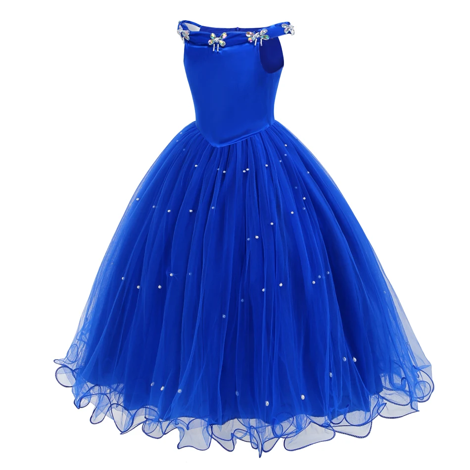 Cinderella Inspired Princess Dress for Girls Royal Blue Off-the-Shoulder Tulle Ball Gown Kids Costume for Birthday Halloween