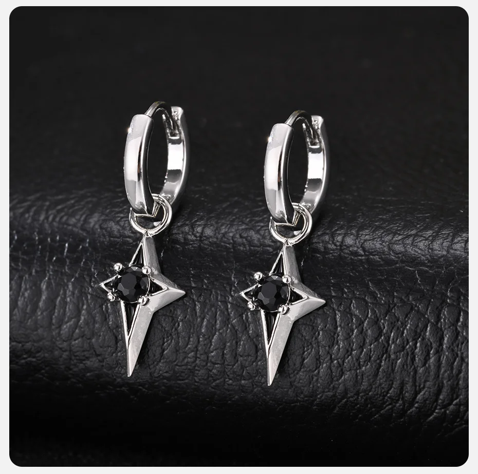 Vnox Herren-Creolen, Kupfer 4-zackiger Stern-Ohrhänger mit schwarzem Zirkon, Punk-Ohrschmuck für den Alltag, Partygeschenk, Neu – Detail 5
