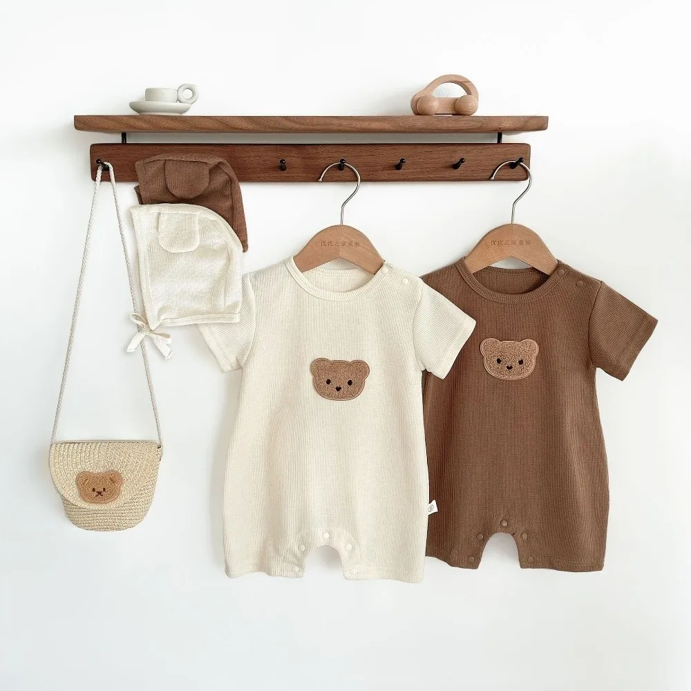 Pagliaccetto per bebè a maniche corte in tessuto morbido Design simpatico orso Cartoon Bear Body in puro cotone con texture waffle Tutina per neonato