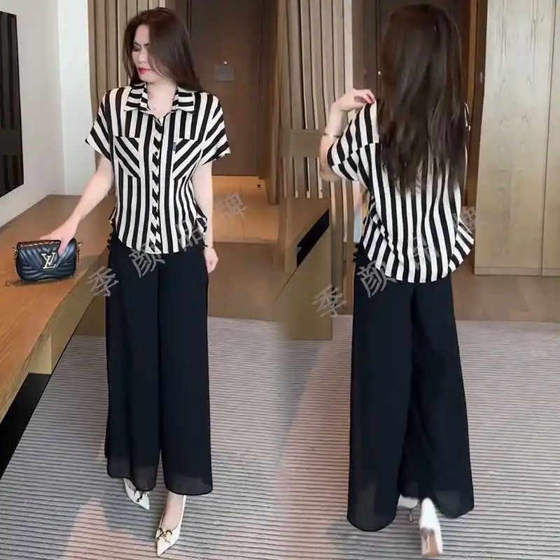 High-Grade Striped Short-Sleeved Shirt Women's Temperament Western Style Slimming All-Match Wide Leg Pants Two-Piece Set