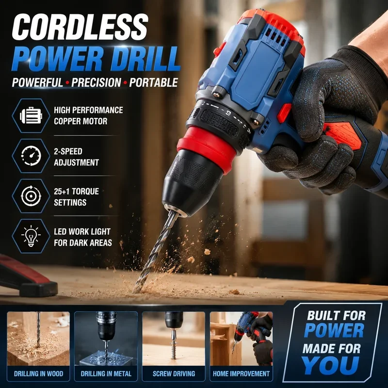 16.8V 2in1 Lithium Drill Electric Screwdriver Multi-function Power Tool 45Nm Torque Brushless Motor Practical Screw Driver