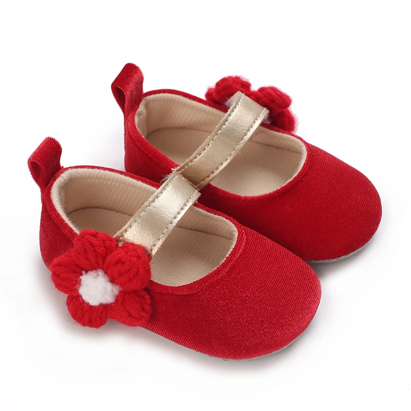 Spring and Autumn Red Velvet Princess Shoes Baby One Year Gift Shoes 0-12 Month Girl Soft Sole Lightweight Walking Shoes