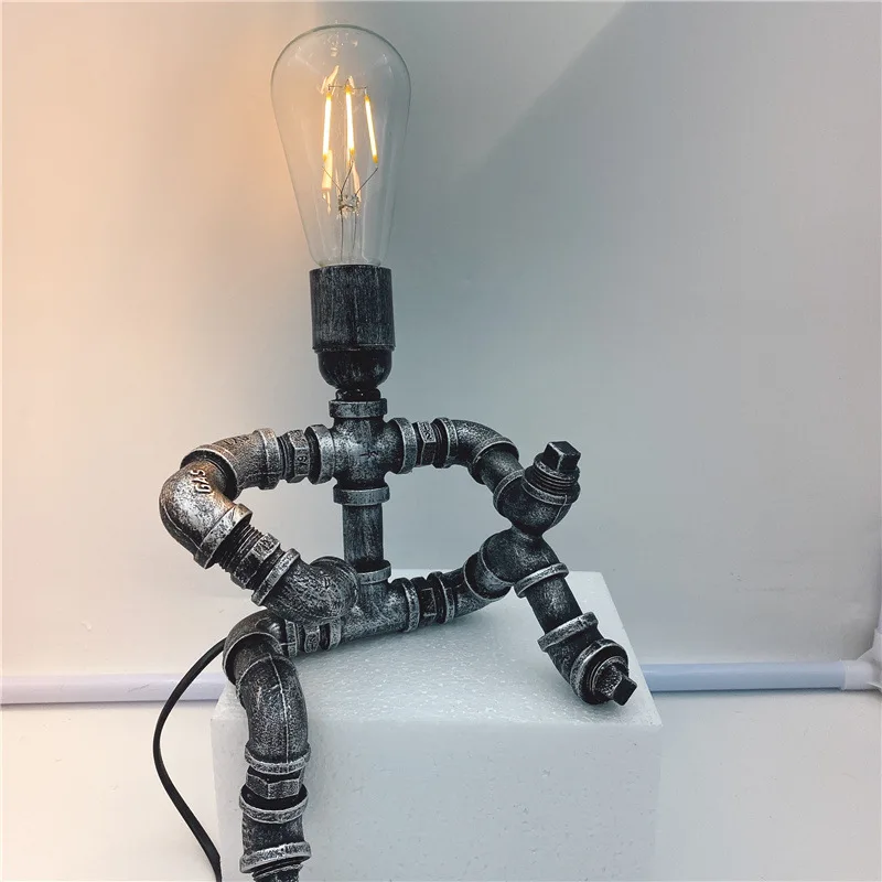 Steampunk Water Pipe Lamp Retro Creative Bedroom Desk Lamp Led Night Lamp Iron Pipe Guitarist Home Decoration Industrial Lamp